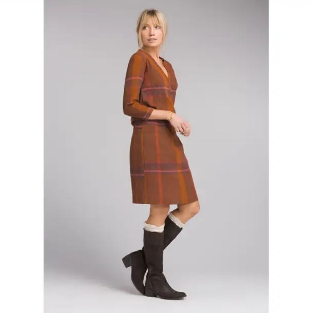 prAna Sugar Pine Organic Cotton Crinkle Gauze‎ Orange Plaid Knee Length Dress XS
